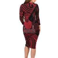 Hawaii King Kamehameha Long Sleeve Bodycon Dress With Hawaiian Ipu Motifs Red Version LT05 - Polynesian Pride