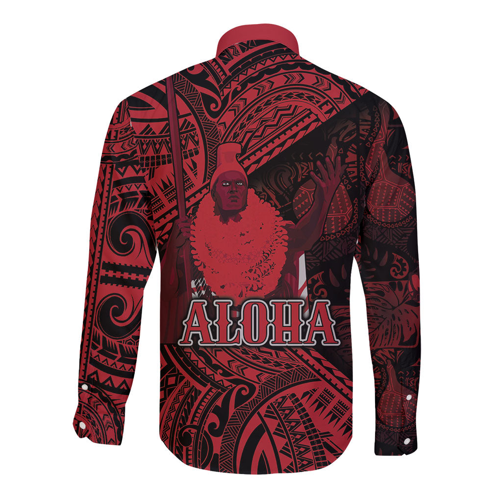 Hawaii King Kamehameha Long Sleeve Button Shirt With Hawaiian Ipu Motifs Red Version