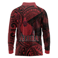 Hawaii King Kamehameha Long Sleeve Polo Shirt With Hawaiian Ipu Motifs Red Version
