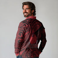 Hawaii King Kamehameha Long Sleeve Polo Shirt With Hawaiian Ipu Motifs Red Version