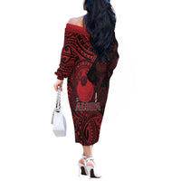 Hawaii King Kamehameha Off The Shoulder Long Sleeve Dress With Hawaiian Ipu Motifs Red Version LT05 - Polynesian Pride