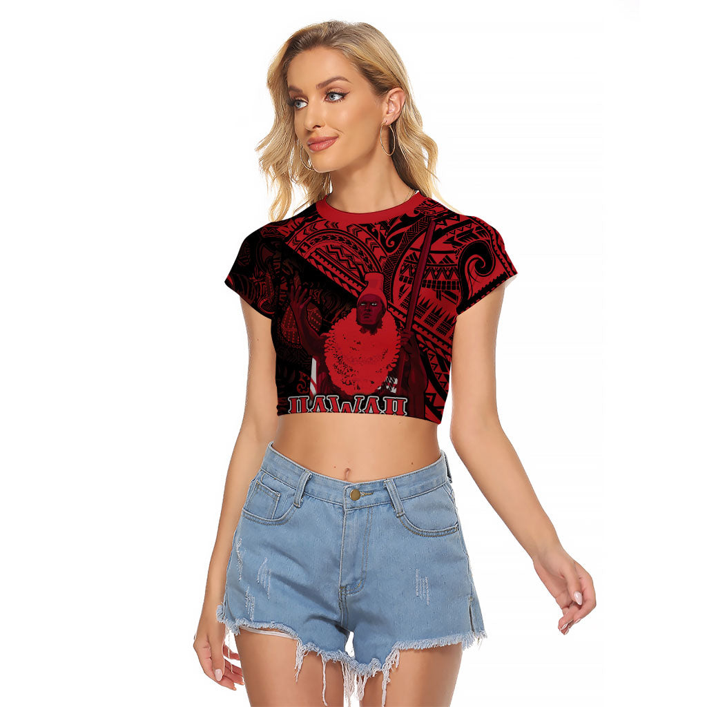 Hawaii King Kamehameha Raglan Cropped T Shirt With Hawaiian Ipu Motifs Red Version