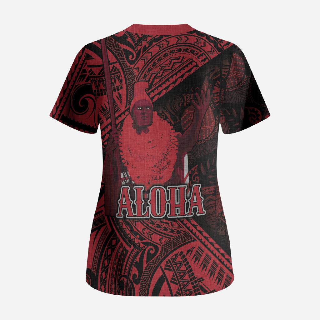Hawaii King Kamehameha Scrub Top With Hawaiian Ipu Motifs Red Version