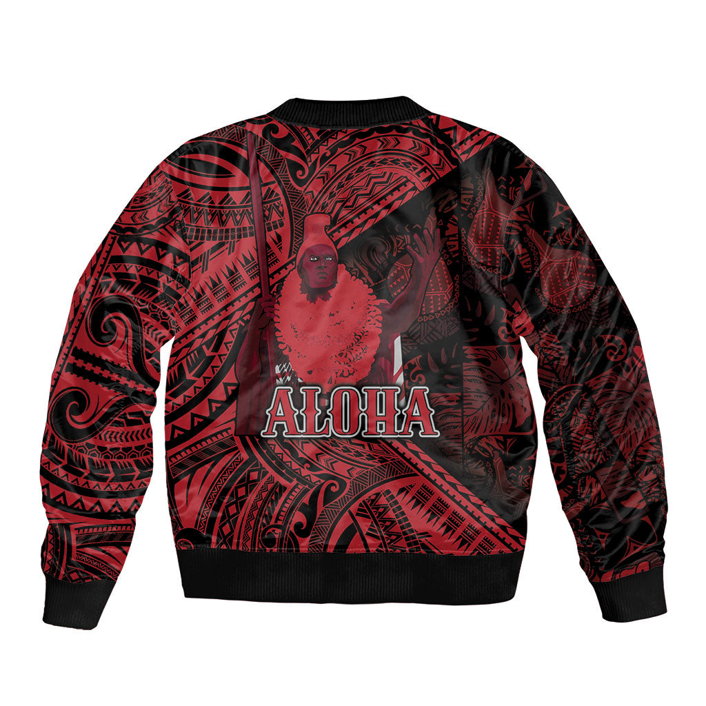 Hawaii King Kamehameha Sleeve Zip Bomber Jacket With Hawaiian Ipu Motifs Red Version