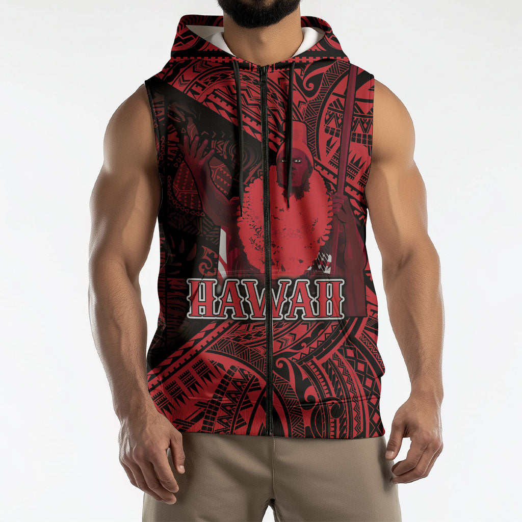 Hawaii King Kamehameha Sleeveless Zip Hoodie With Hawaiian Ipu Motifs Red Version