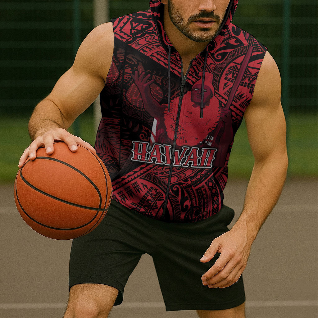 Hawaii King Kamehameha Sleeveless Zip Hoodie With Hawaiian Ipu Motifs Red Version