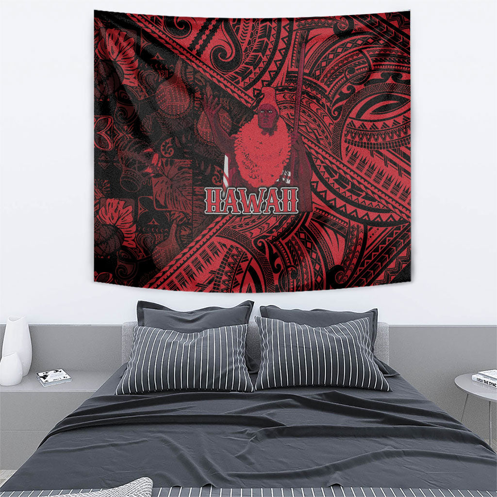 Hawaii King Kamehameha Tapestry With Hawaiian Ipu Motifs Red Version