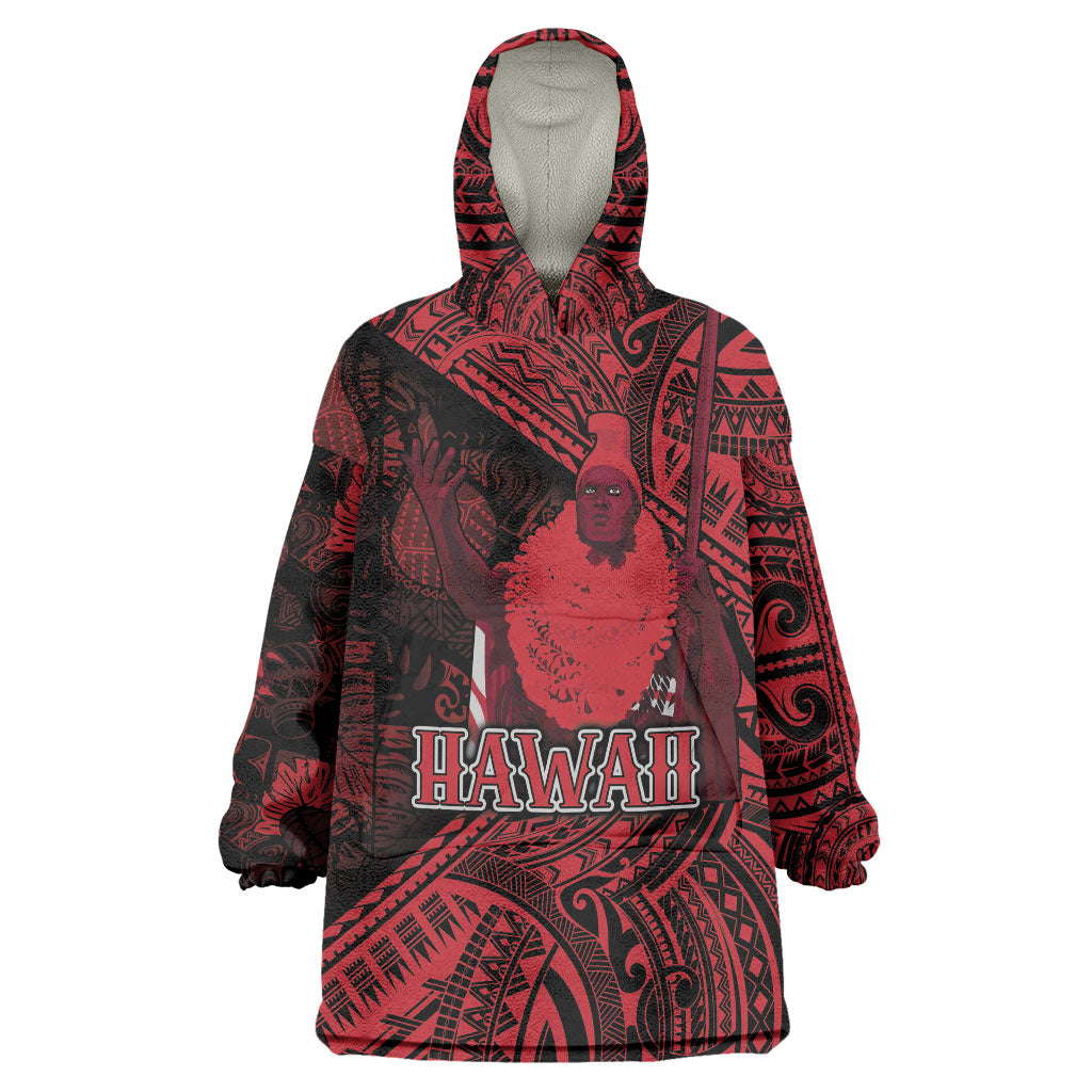Hawaii King Kamehameha Wearable Blanket Hoodie With Hawaiian Ipu Motifs Red Version LT05 One Size Red - Polynesian Pride