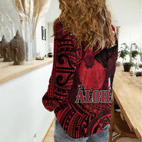 Hawaii King Kamehameha Women Casual Shirt With Hawaiian Ipu Motifs Red Version LT05 - Polynesian Pride