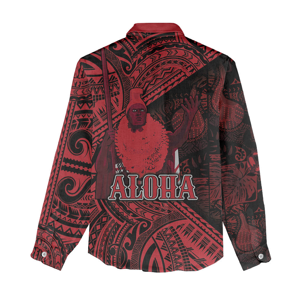 Hawaii King Kamehameha Women Casual Shirt With Hawaiian Ipu Motifs Red Version LT05 - Polynesian Pride