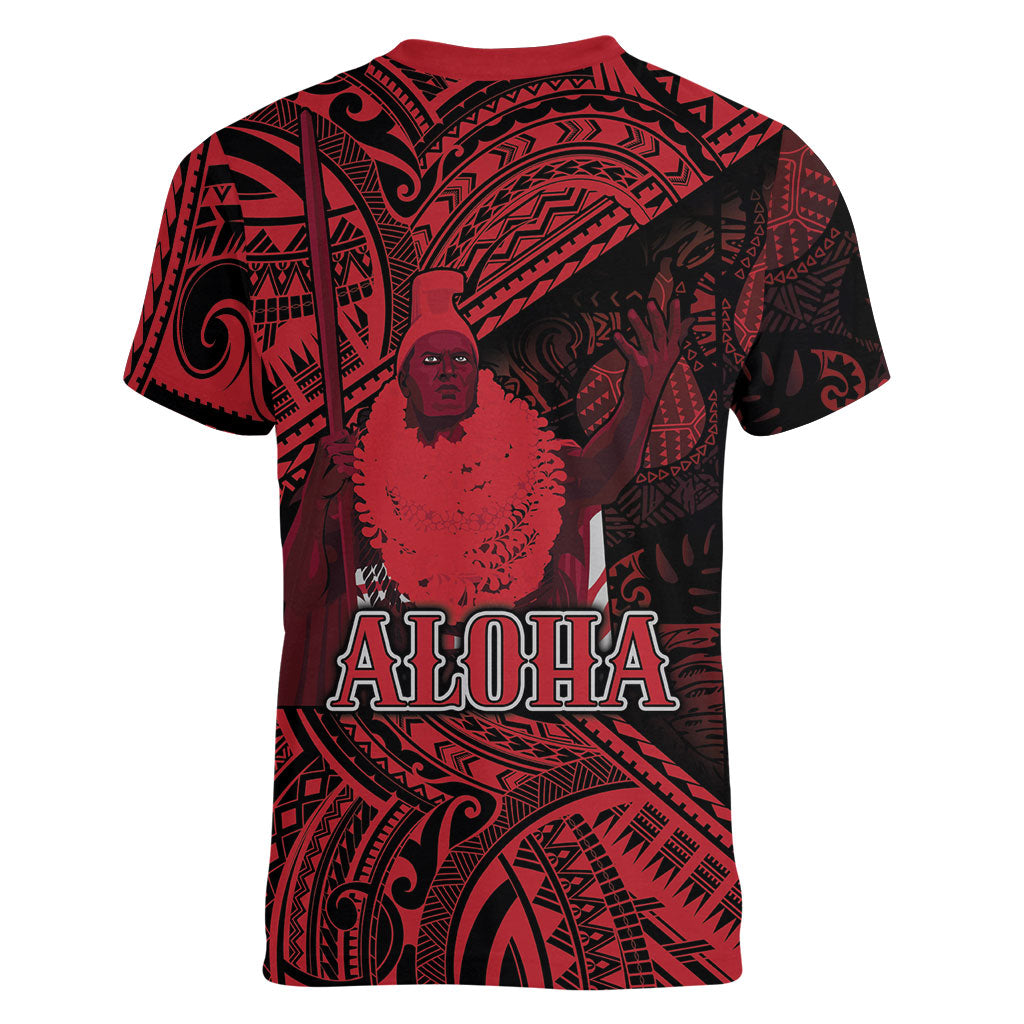 Hawaii King Kamehameha Women V-Neck T-Shirt With Hawaiian Ipu Motifs Red Version LT05 - Polynesian Pride