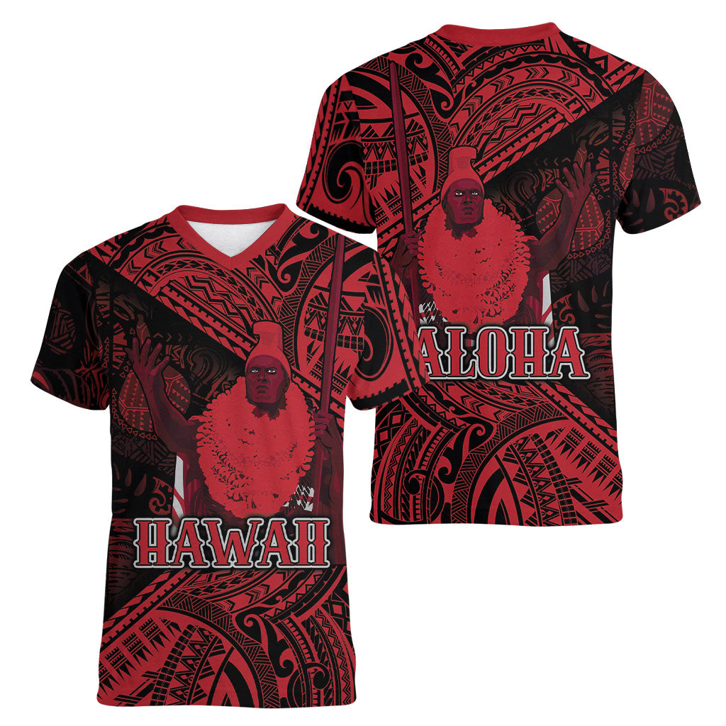 Hawaii King Kamehameha Women V-Neck T-Shirt With Hawaiian Ipu Motifs Red Version LT05 - Polynesian Pride
