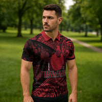 Hawaii King Kamehameha Zipper Polo Shirt With Hawaiian Ipu Motifs Red Version