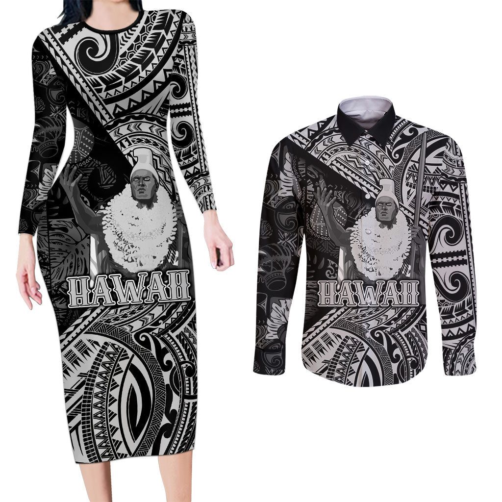 Hawaii King Kamehameha Couples Matching Long Sleeve Bodycon Dress and Long Sleeve Button Shirt With Hawaiian Ipu Motifs Black Version LT05 Black - Polynesian Pride