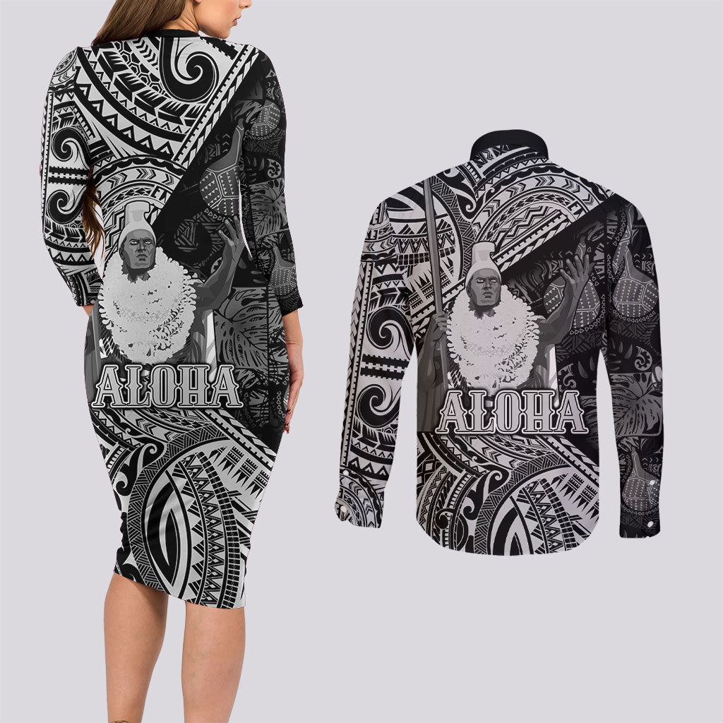 Hawaii King Kamehameha Couples Matching Long Sleeve Bodycon Dress and Long Sleeve Button Shirt With Hawaiian Ipu Motifs Black Version LT05 - Polynesian Pride