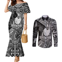 Hawaii King Kamehameha Couples Matching Mermaid Dress and Long Sleeve Button Shirt With Hawaiian Ipu Motifs Black Version LT05 Black - Polynesian Pride