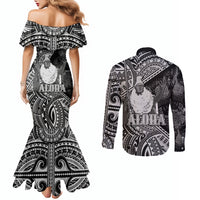 Hawaii King Kamehameha Couples Matching Mermaid Dress and Long Sleeve Button Shirt With Hawaiian Ipu Motifs Black Version LT05 - Polynesian Pride