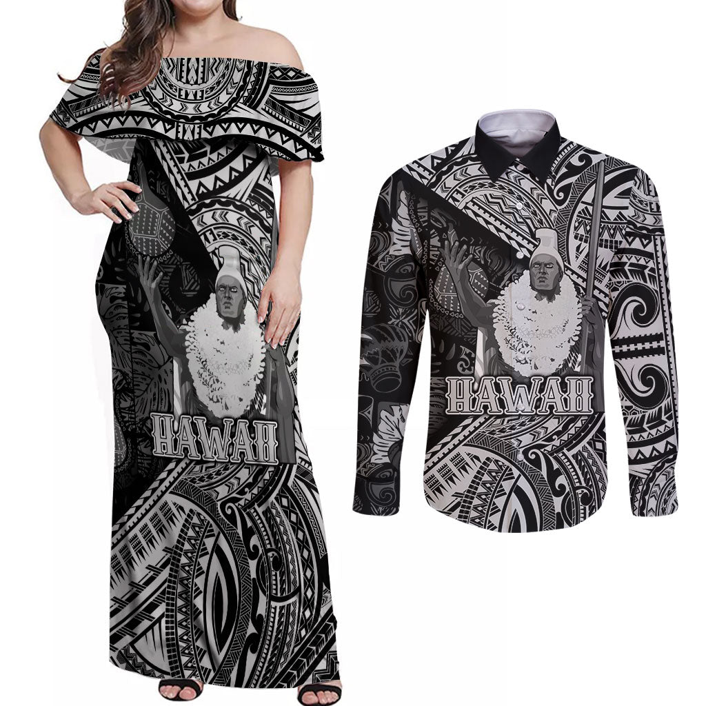 Hawaii King Kamehameha Couples Matching Off Shoulder Maxi Dress and Long Sleeve Button Shirt With Hawaiian Ipu Motifs Black Version LT05 Black - Polynesian Pride
