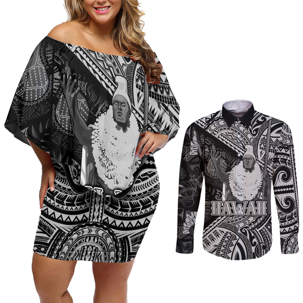 Hawaii King Kamehameha Couples Matching Off Shoulder Short Dress and Long Sleeve Button Shirt With Hawaiian Ipu Motifs Black Version LT05 Black - Polynesian Pride