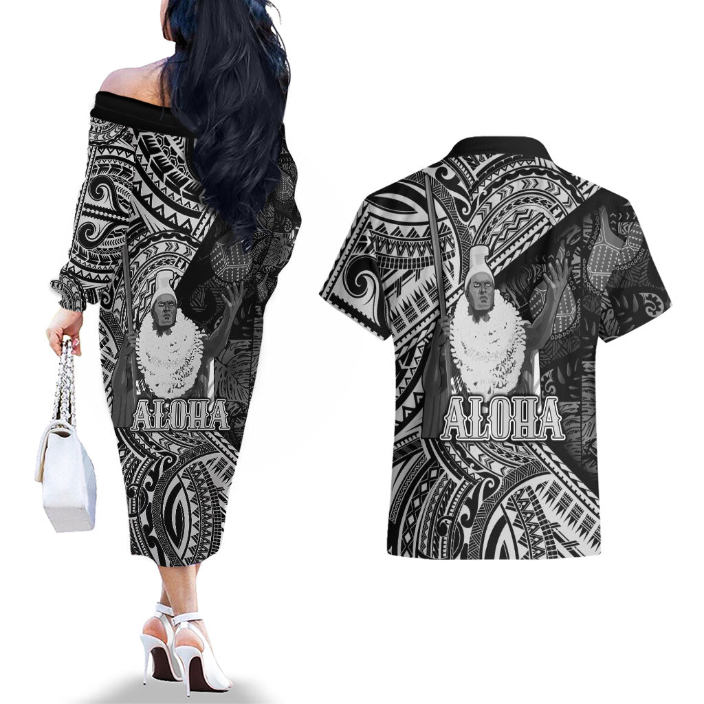 Hawaii King Kamehameha Couples Matching Off The Shoulder Long Sleeve Dress and Hawaiian Shirt With Hawaiian Ipu Motifs Black Version