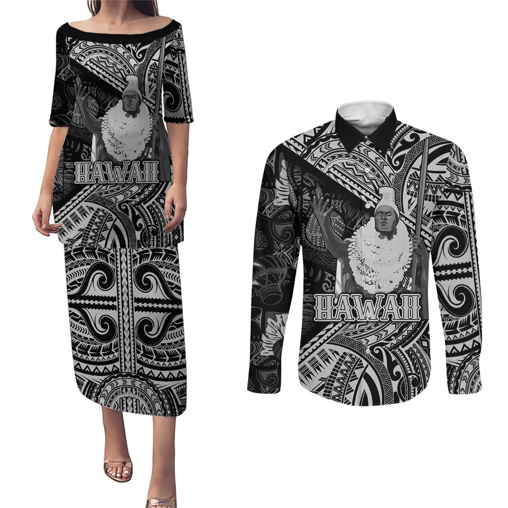 Hawaii King Kamehameha Couples Matching Puletasi and Long Sleeve Button Shirt With Hawaiian Ipu Motifs Black Version LT05 Black - Polynesian Pride