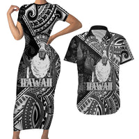 Hawaii King Kamehameha Couples Matching Short Sleeve Bodycon Dress and Hawaiian Shirt With Hawaiian Ipu Motifs Black Version