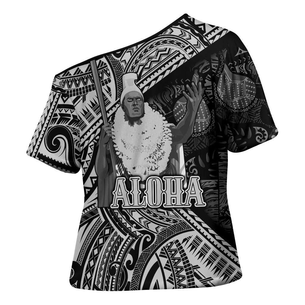 Hawaii King Kamehameha Cross Shoulder Shirt With Hawaiian Ipu Motifs Black Version
