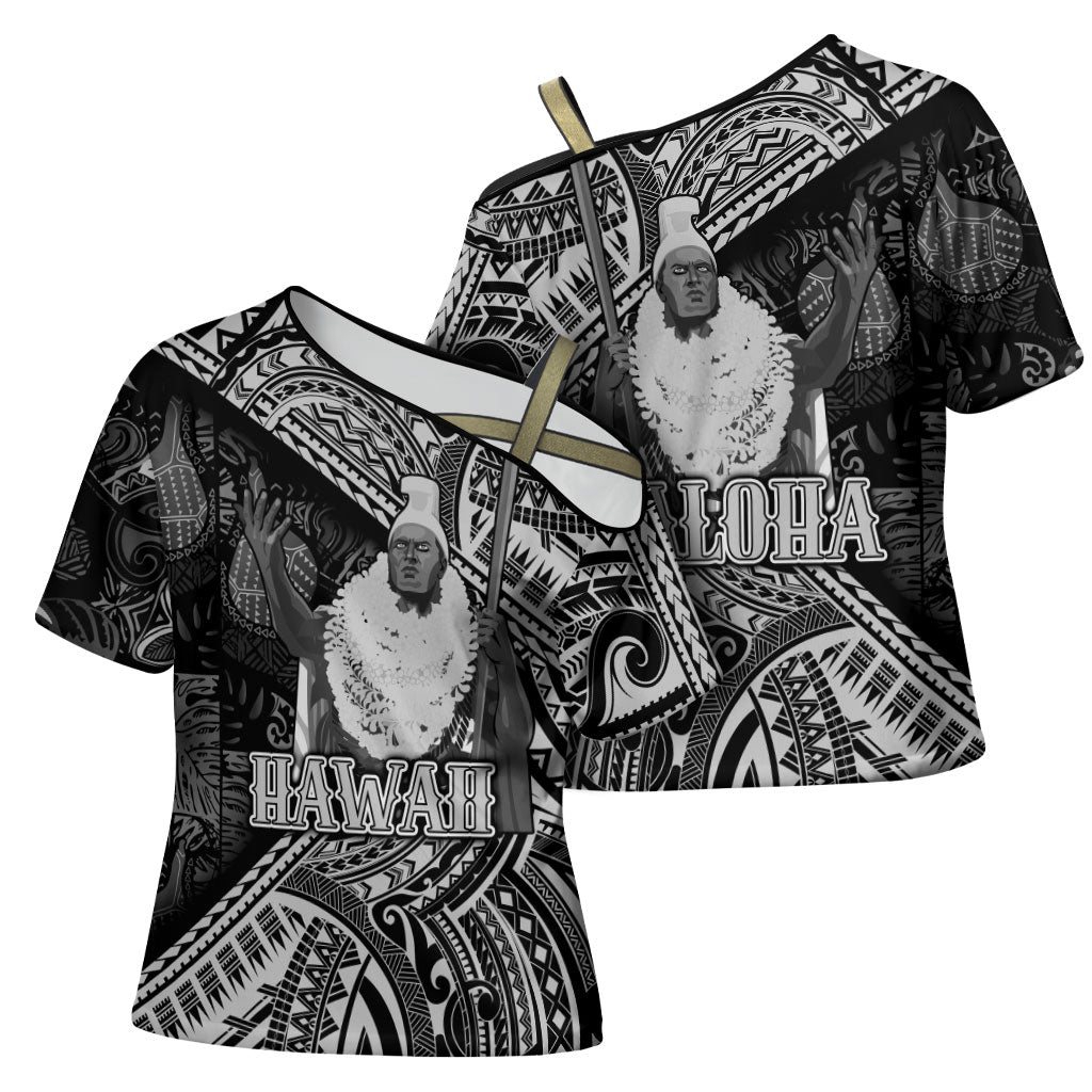Hawaii King Kamehameha Cross Shoulder Shirt With Hawaiian Ipu Motifs Black Version