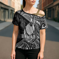 Hawaii King Kamehameha Cross Shoulder Shirt With Hawaiian Ipu Motifs Black Version