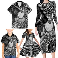 Hawaii King Kamehameha Family Matching Long Sleeve Bodycon Dress and Hawaiian Shirt With Hawaiian Ipu Motifs Black Version LT05 - Polynesian Pride