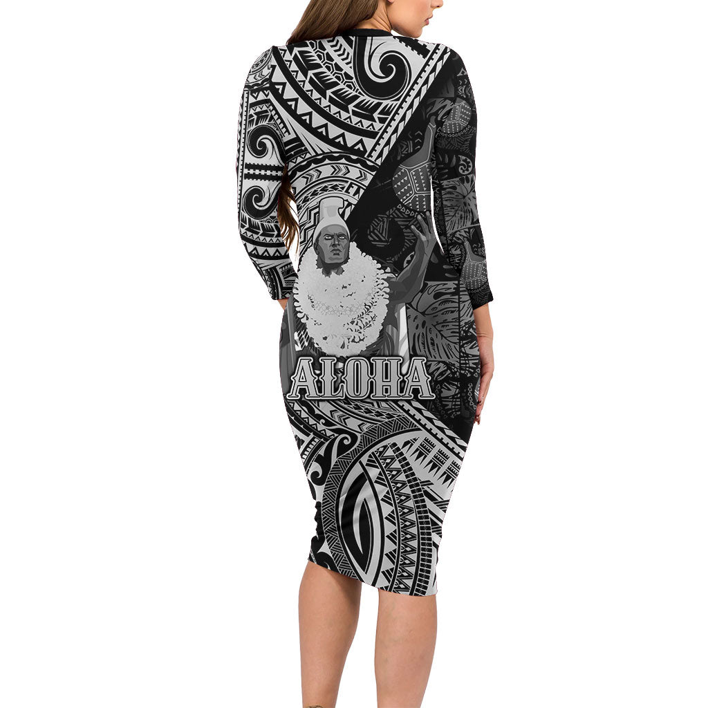 Hawaii King Kamehameha Family Matching Long Sleeve Bodycon Dress and Hawaiian Shirt With Hawaiian Ipu Motifs Black Version LT05 - Polynesian Pride