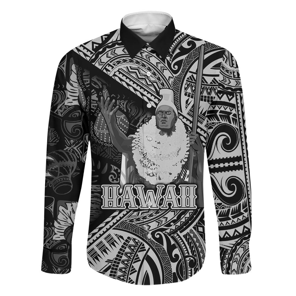 Hawaii King Kamehameha Family Matching Mermaid Dress and Hawaiian Shirt With Hawaiian Ipu Motifs Black Version LT05 Dad's Shirt - Long Sleeve Black - Polynesian Pride