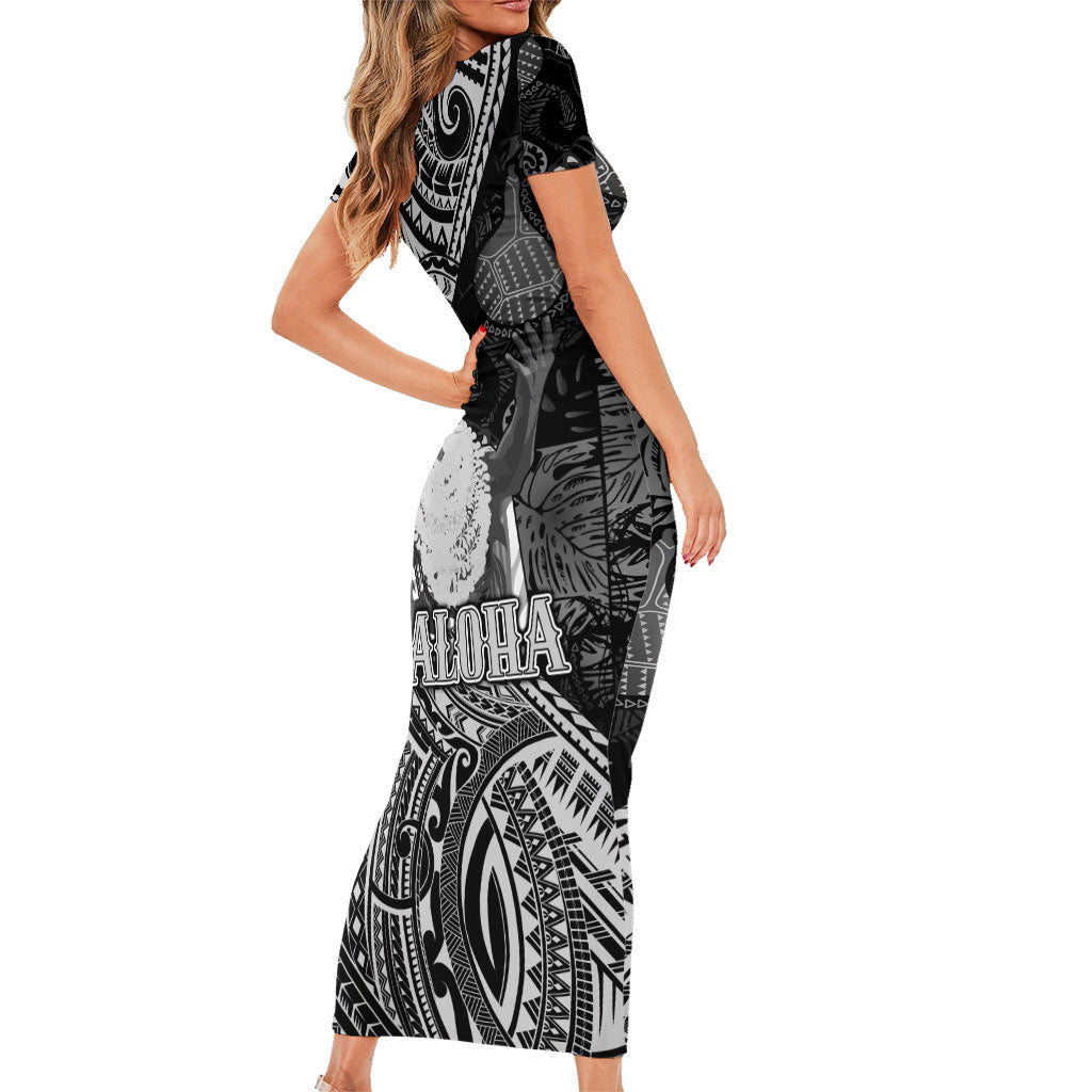 Hawaii King Kamehameha Family Matching Short Sleeve Bodycon Dress and Hawaiian Shirt With Hawaiian Ipu Motifs Black Version LT05 - Polynesian Pride