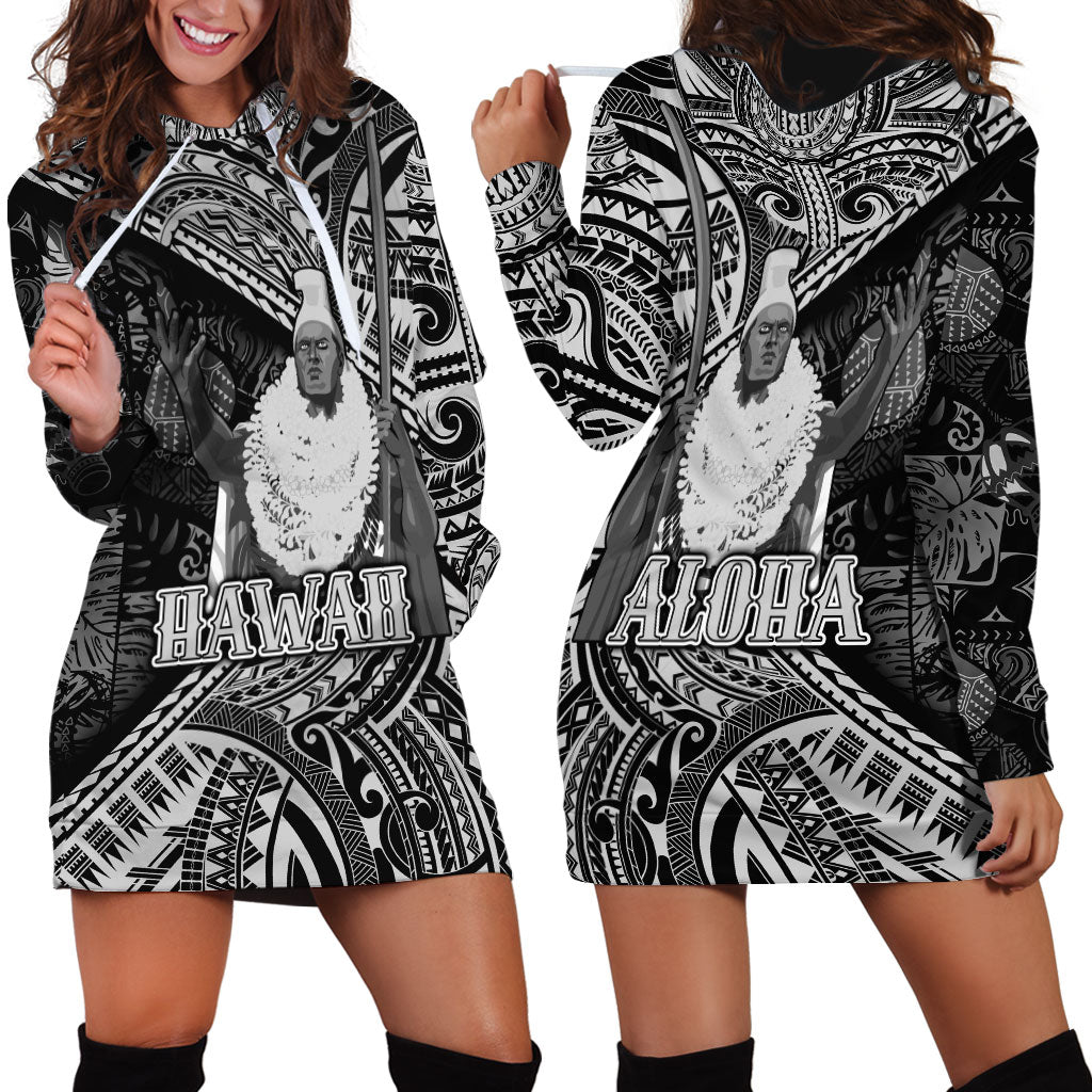 Hawaii King Kamehameha Hoodie Dress With Hawaiian Ipu Motifs Black Version LT05 - Polynesian Pride