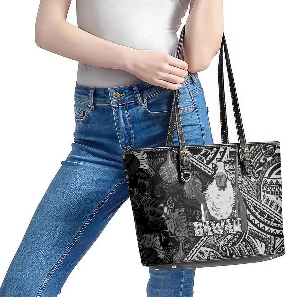 Hawaii King Kamehameha Leather Tote Bag With Hawaiian Ipu Motifs Black Version