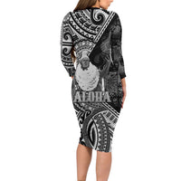 Hawaii King Kamehameha Long Sleeve Bodycon Dress With Hawaiian Ipu Motifs Black Version LT05 - Polynesian Pride
