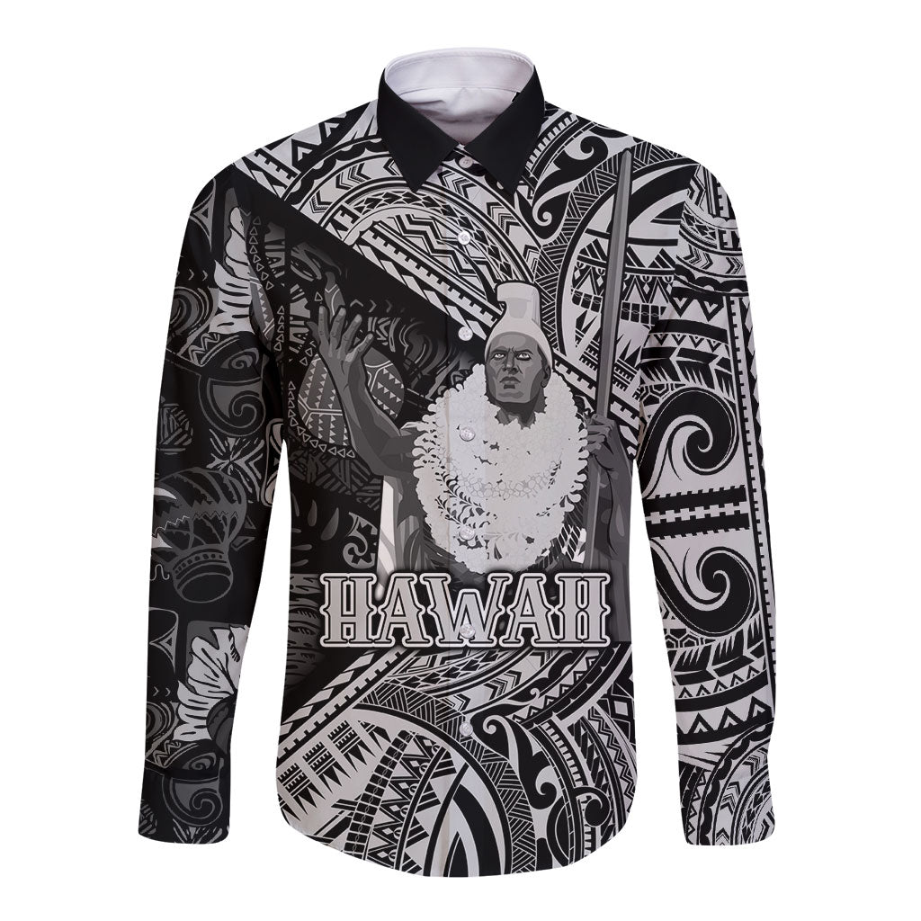 Hawaii King Kamehameha Long Sleeve Button Shirt With Hawaiian Ipu Motifs Black Version LT05 Unisex Black - Polynesian Pride