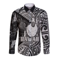 Hawaii King Kamehameha Long Sleeve Button Shirt With Hawaiian Ipu Motifs Black Version LT05 Unisex Black - Polynesian Pride