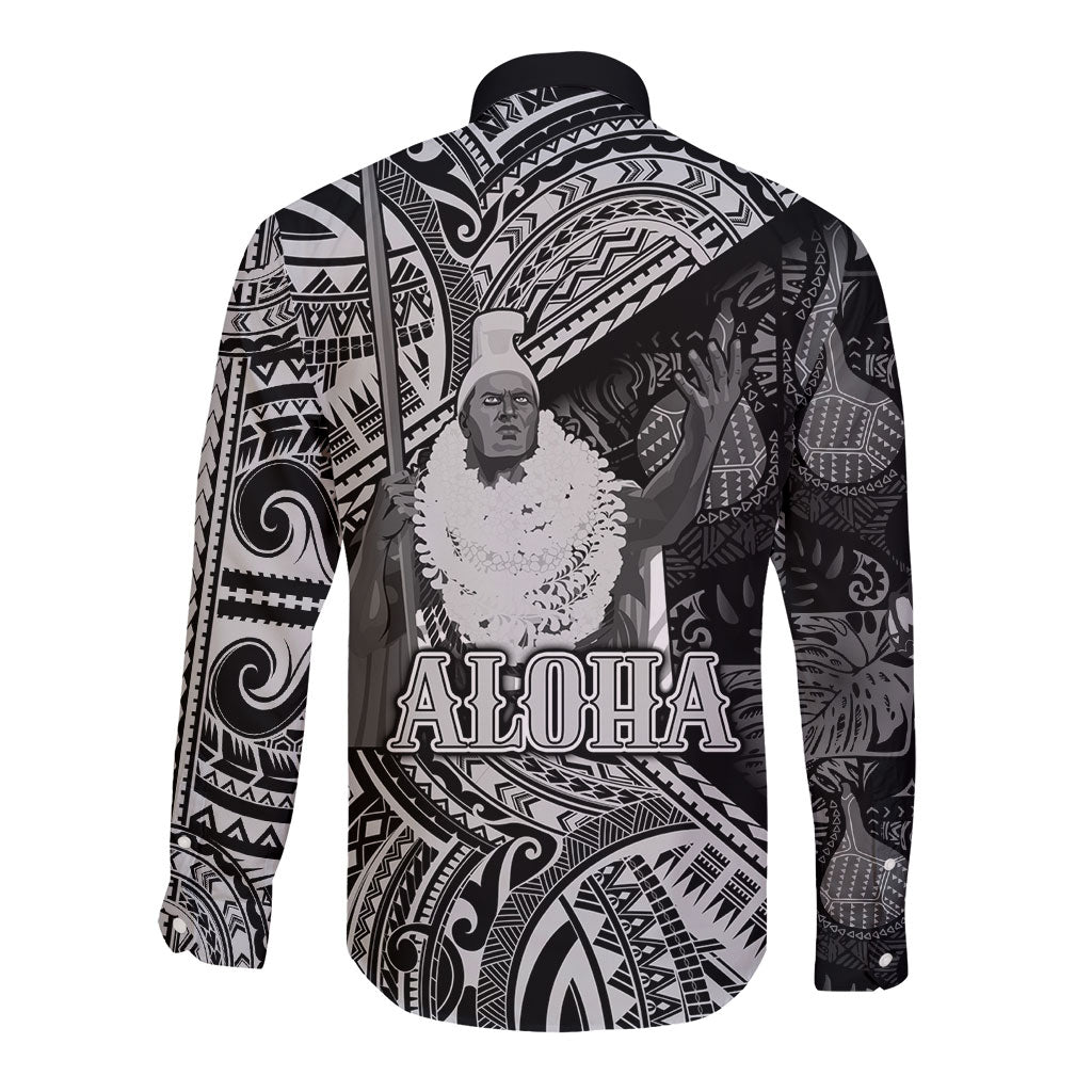 Hawaii King Kamehameha Long Sleeve Button Shirt With Hawaiian Ipu Motifs Black Version LT05 - Polynesian Pride