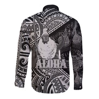 Hawaii King Kamehameha Long Sleeve Button Shirt With Hawaiian Ipu Motifs Black Version LT05 - Polynesian Pride