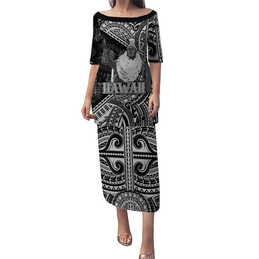 Hawaii King Kamehameha Puletasi With Hawaiian Ipu Motifs Black Version LT05 Long Dress Black - Polynesian Pride
