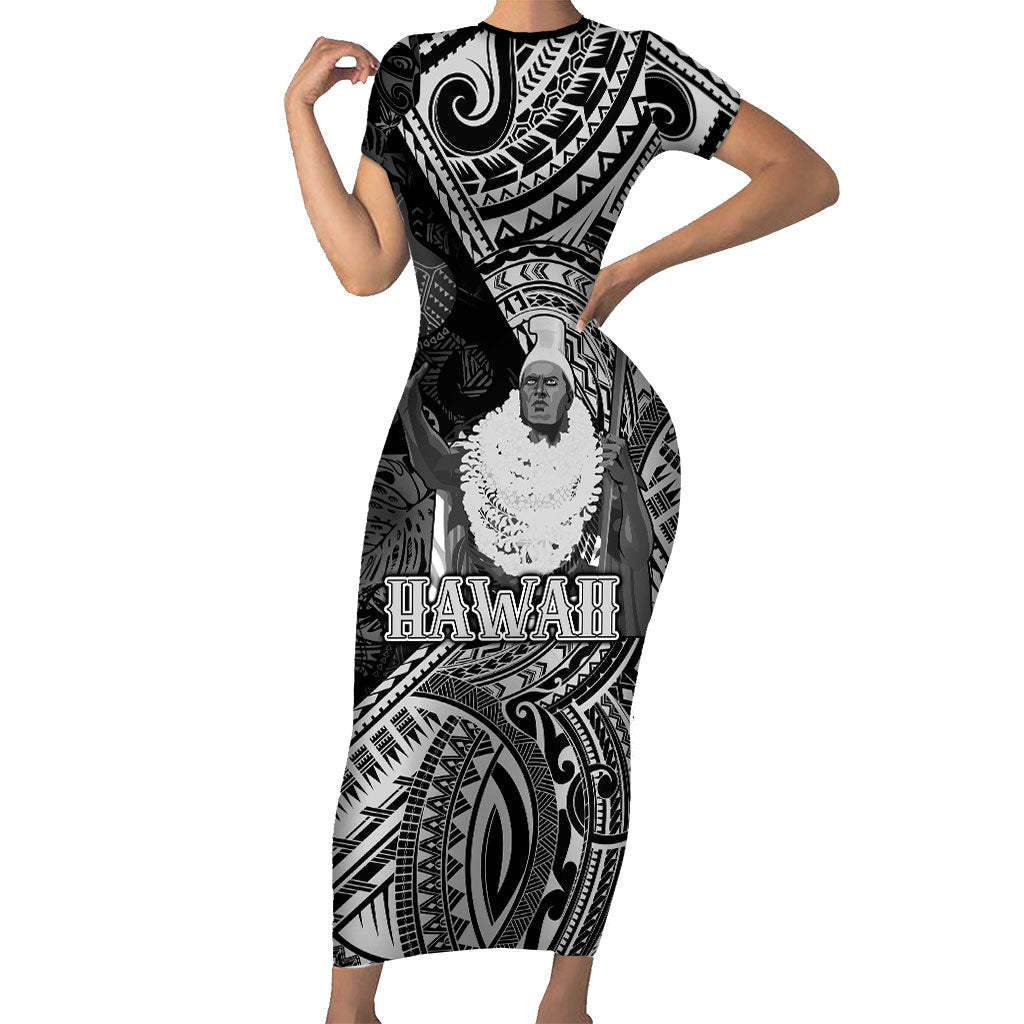 Hawaii King Kamehameha Short Sleeve Bodycon Dress With Hawaiian Ipu Motifs Black Version LT05 Long Dress Black - Polynesian Pride