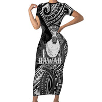 Hawaii King Kamehameha Short Sleeve Bodycon Dress With Hawaiian Ipu Motifs Black Version LT05 Long Dress Black - Polynesian Pride