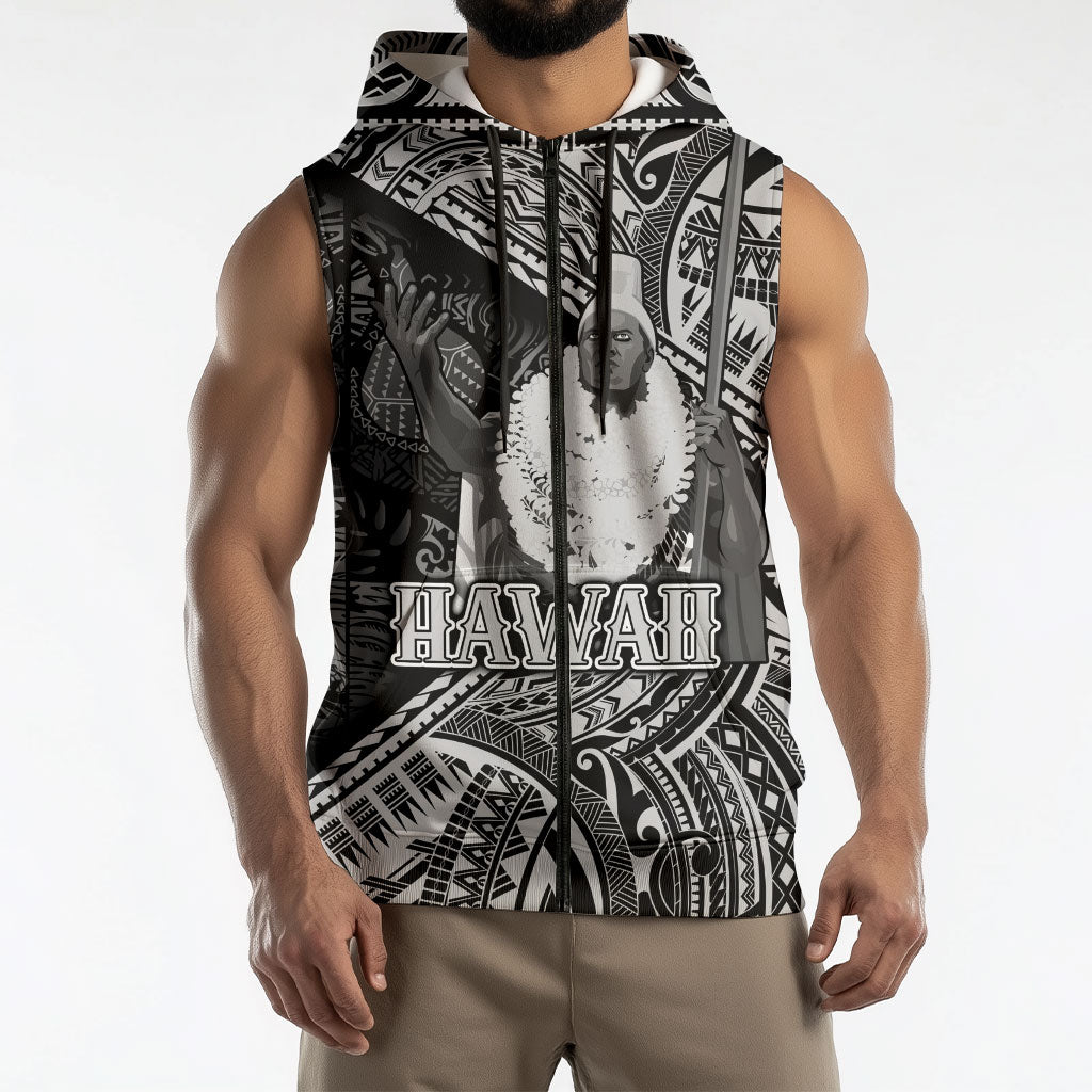Hawaii King Kamehameha Sleeveless Zip Hoodie With Hawaiian Ipu Motifs Black Version LT05 - Polynesian Pride