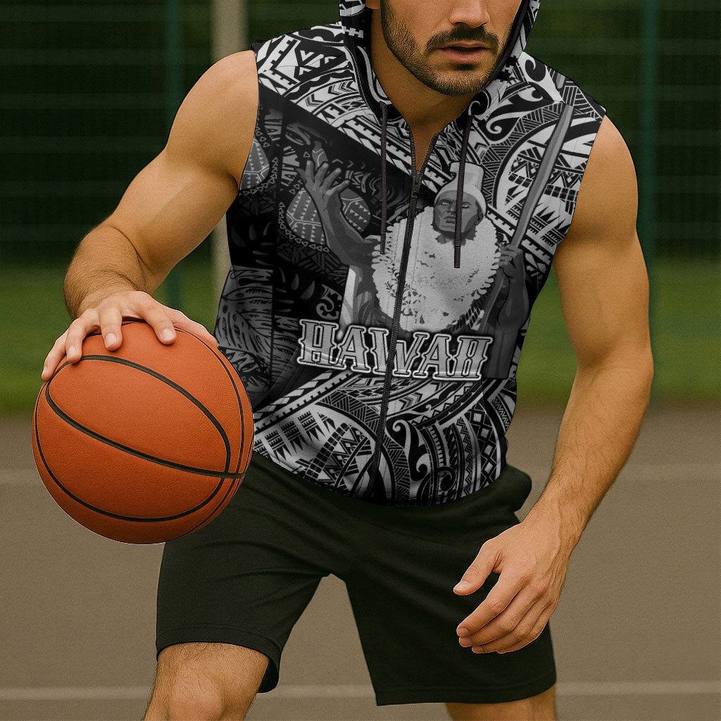 Hawaii King Kamehameha Sleeveless Zip Hoodie With Hawaiian Ipu Motifs Black Version LT05 - Polynesian Pride