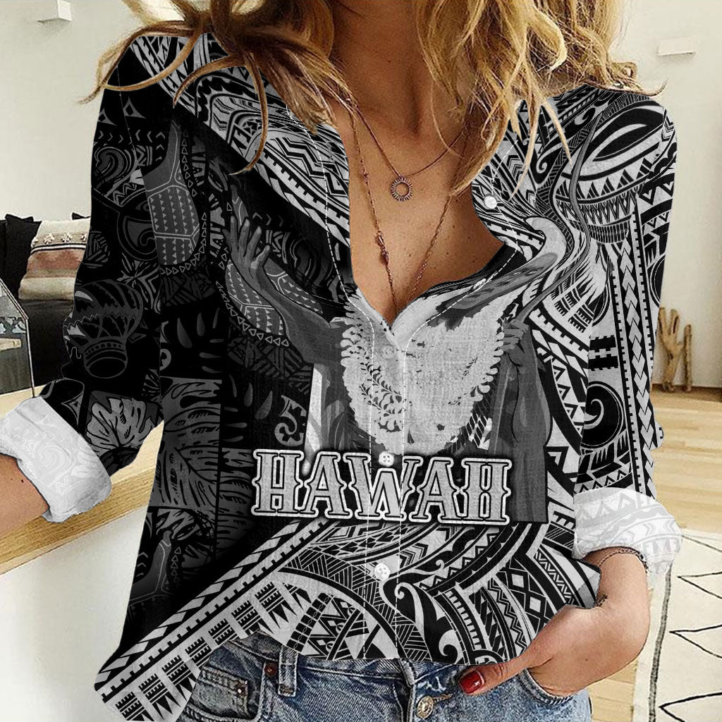 Hawaii King Kamehameha Women Casual Shirt With Hawaiian Ipu Motifs Black Version