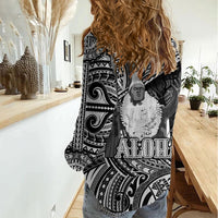 Hawaii King Kamehameha Women Casual Shirt With Hawaiian Ipu Motifs Black Version