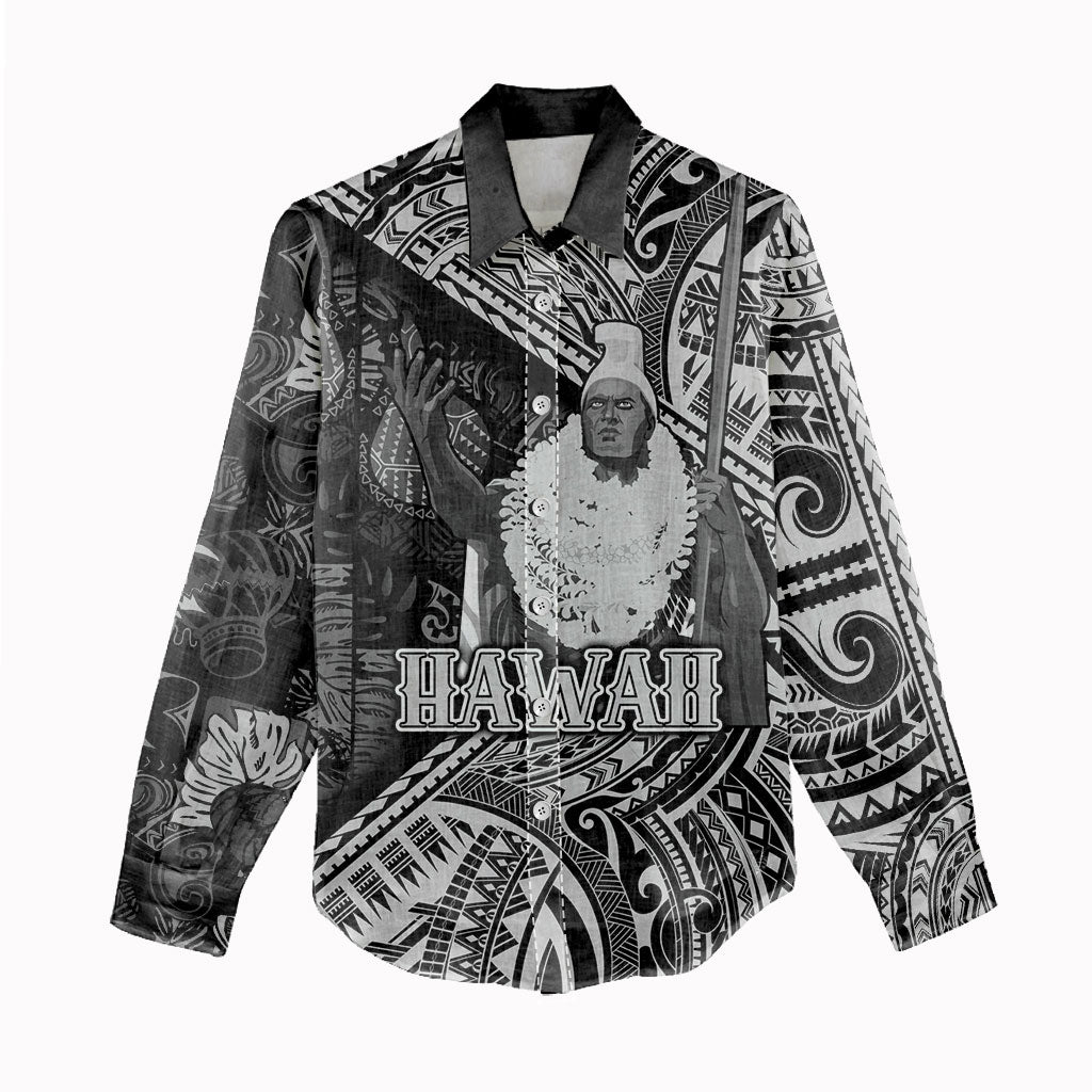 Hawaii King Kamehameha Women Casual Shirt With Hawaiian Ipu Motifs Black Version