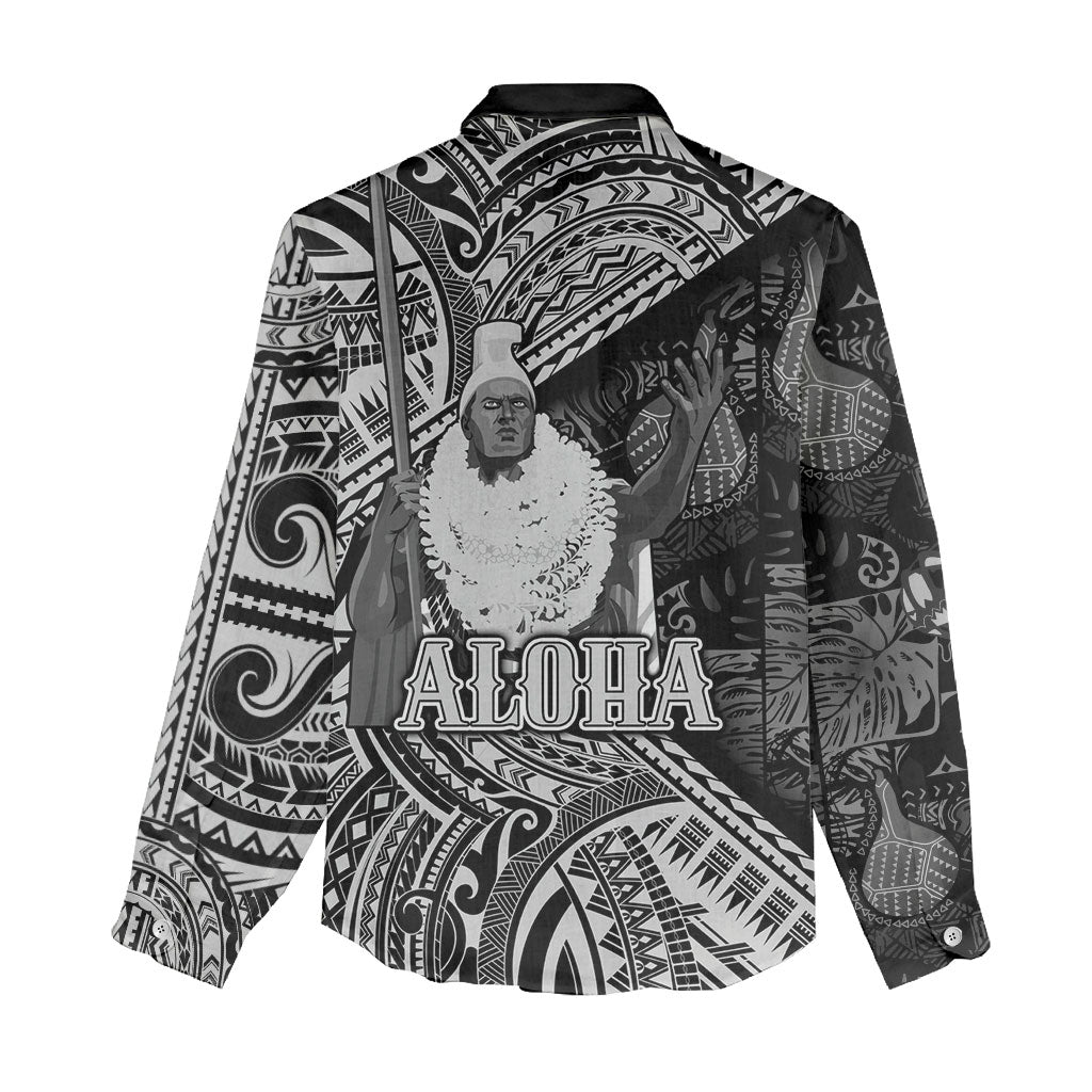 Hawaii King Kamehameha Women Casual Shirt With Hawaiian Ipu Motifs Black Version