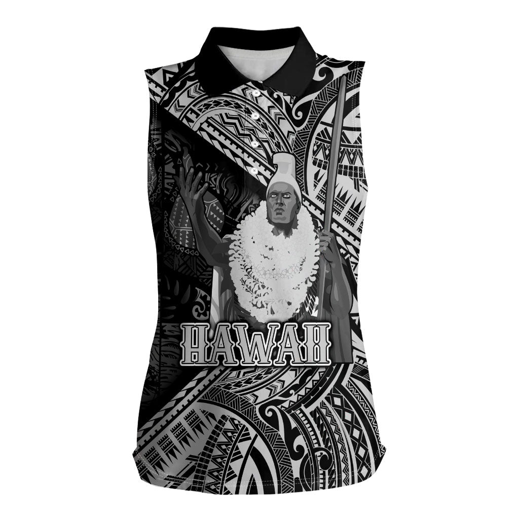 Hawaii King Kamehameha Women Sleeveless Polo Shirt With Hawaiian Ipu Motifs Black Version LT05 Female Black - Polynesian Pride